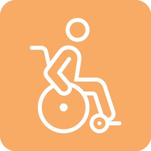 Icon für Reha-Technik mit Symbol eines sitzenden Menschen im Rollstuhl auf orangefarbenem Hintergrund.