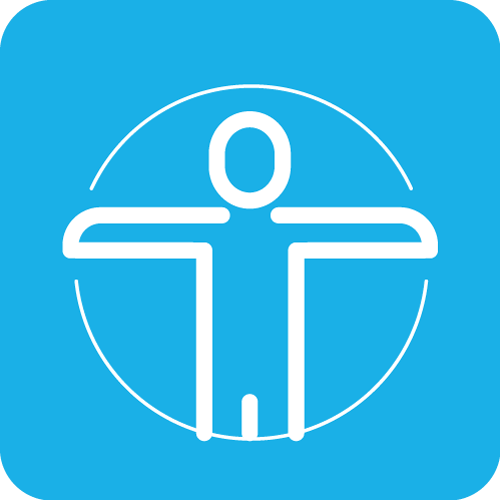 Sanitätshaus-Icon mit Symbol für Barrierefreiheit – einer stilisierten Figur auf blauem Hintergrund.